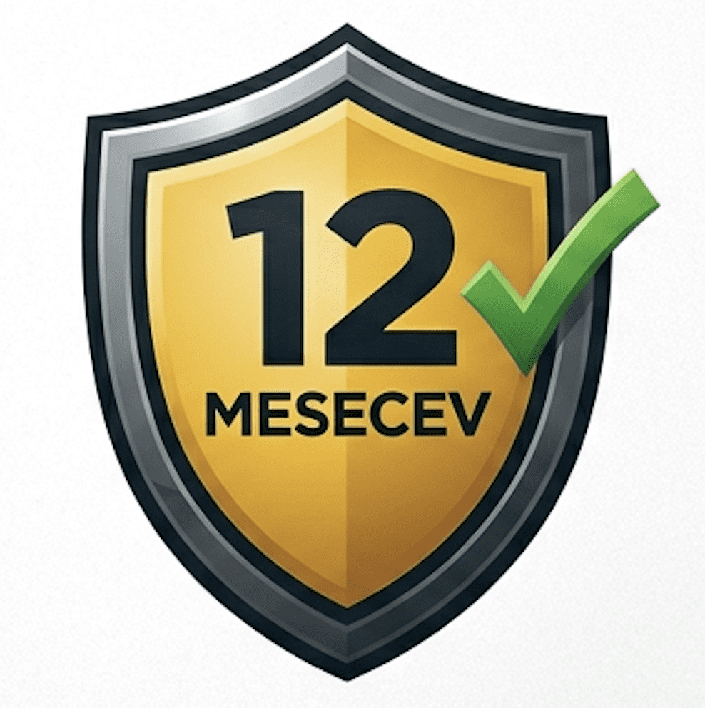 Grafična ikona zlatega ščita z napisom 12 mesecev in zeleno kljukico, ki simbolizira garancijo.